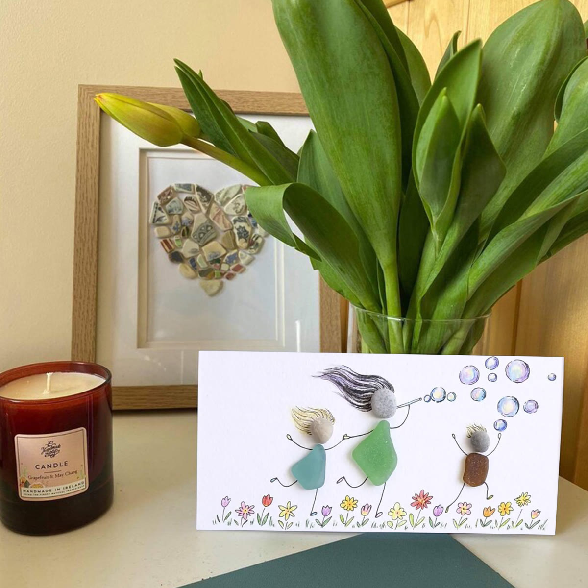 Chasing Bubbles Family Sea Glass Framed Art - Seaglass Card - 6" X 8" - image 1