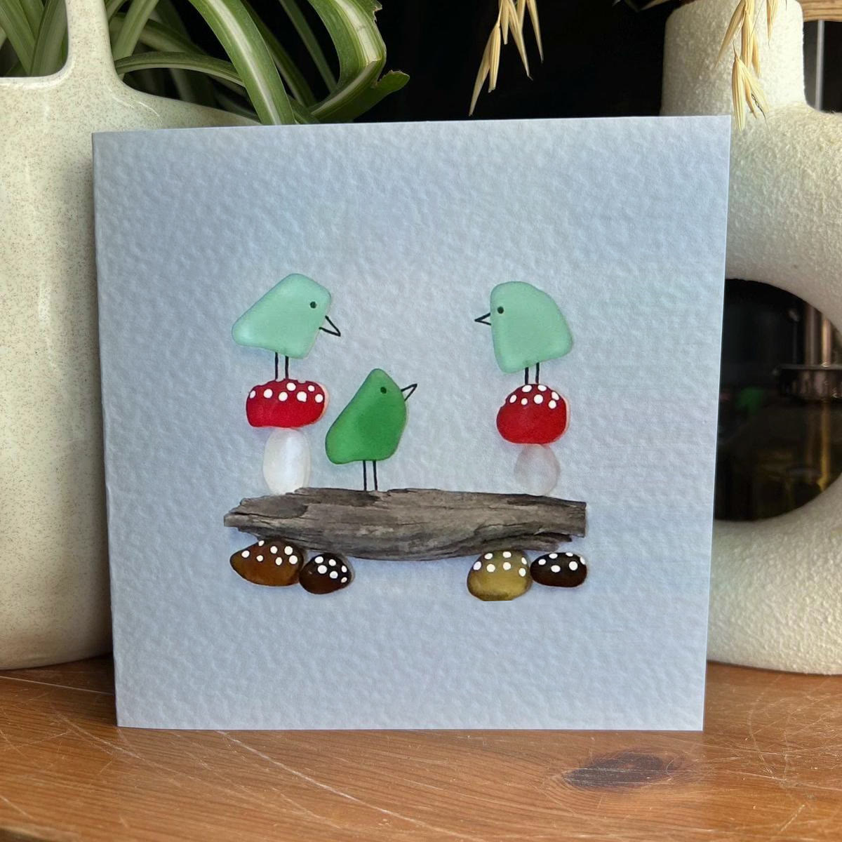 Enchanting Bird & Wild Mushroom Sea Glass Framed Art - Seaglass Card - 8" X 8" - image 1