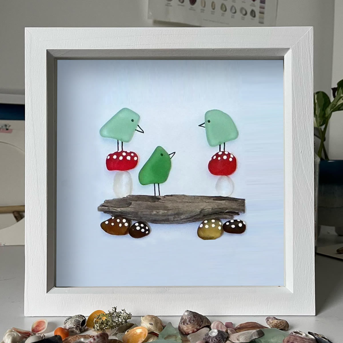 Enchanting Bird & Wild Mushroom Sea Glass Framed Art - image 0