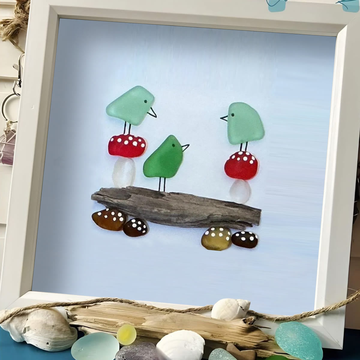 Enchanting Bird & Wild Mushroom Sea Glass Framed Art - image 3