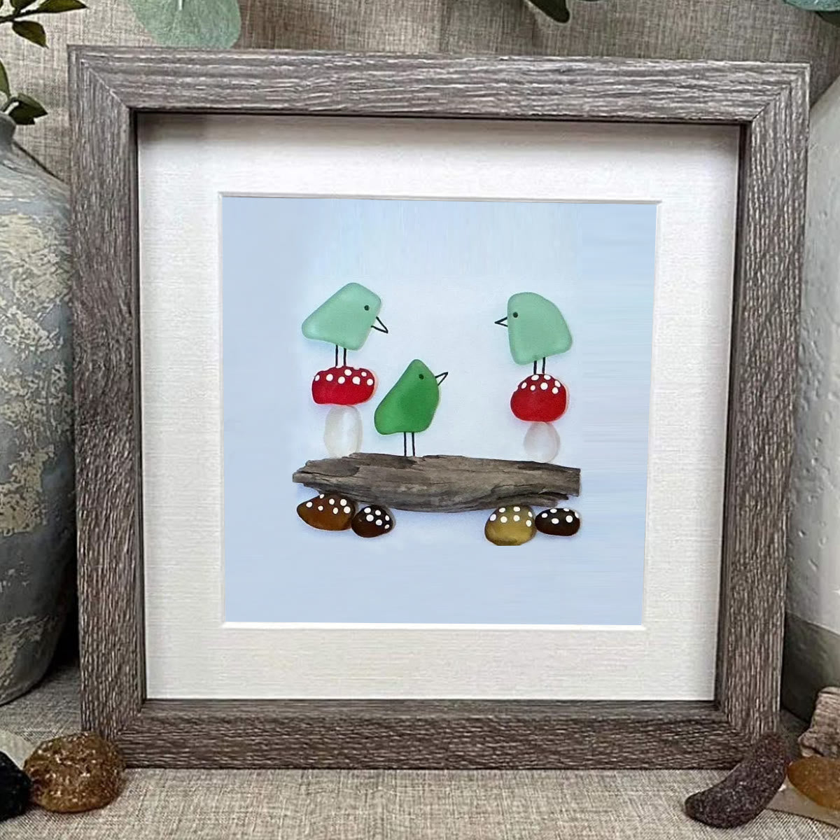 Enchanting Bird & Wild Mushroom Sea Glass Framed Art - image 6