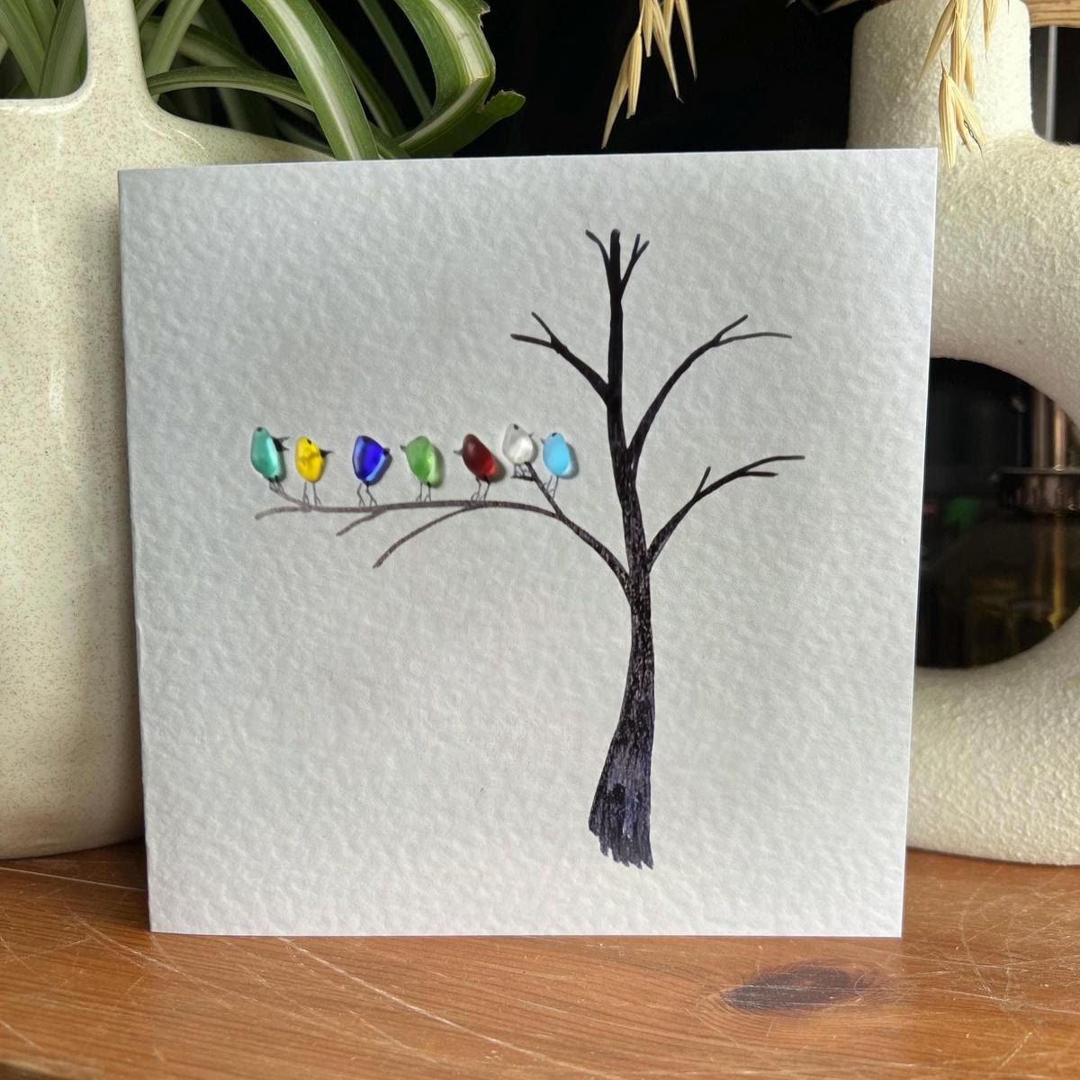 Birds Perched On A Branch Sea Glass Framed Art - Seaglass Card - 8" X 8" - image 1