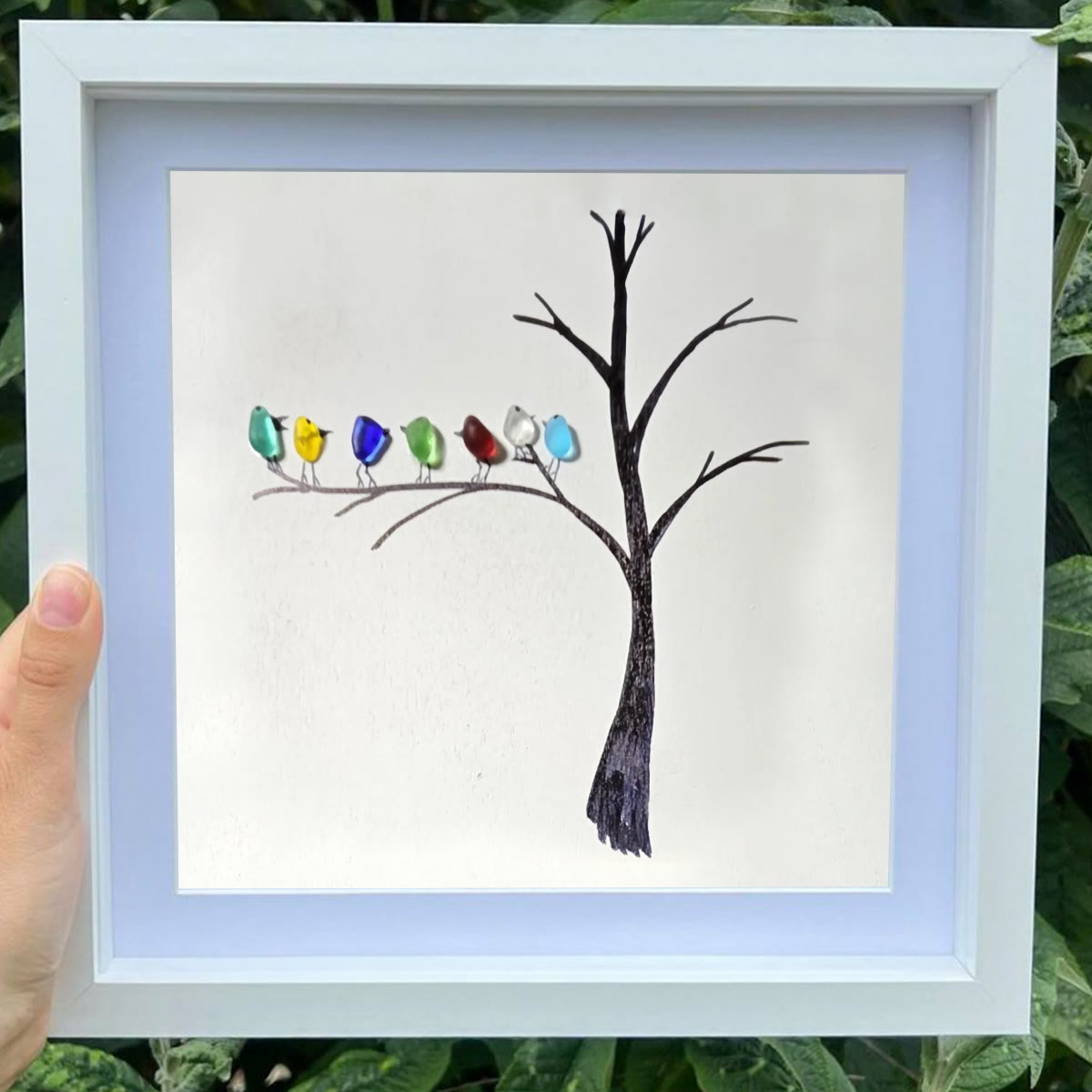 Birds Perched On A Branch Sea Glass Framed Art - image 8