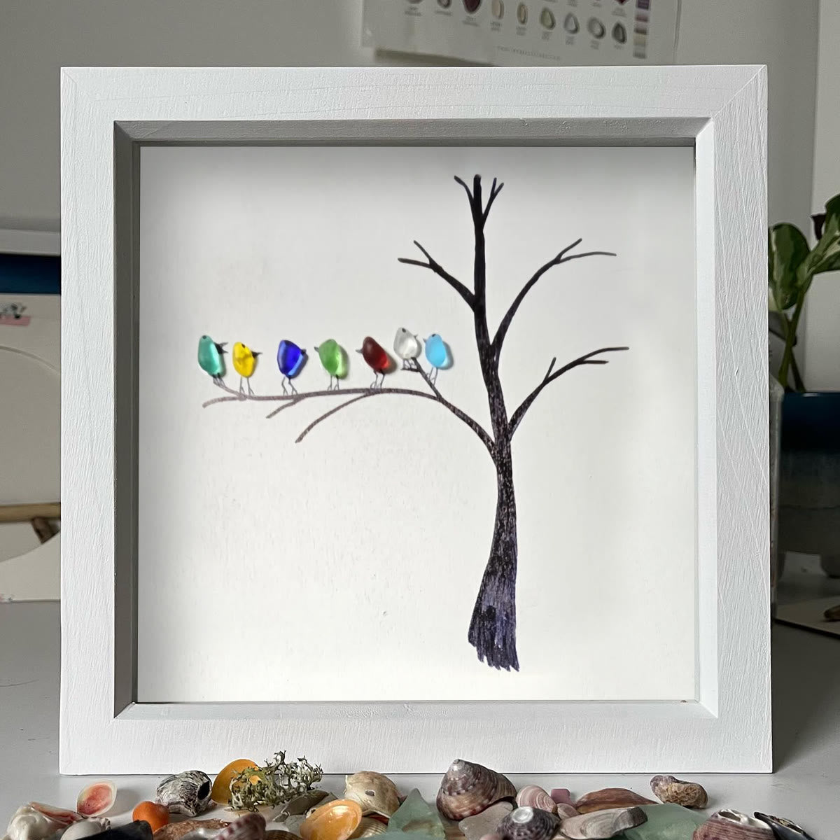 Birds Perched On A Branch Sea Glass Framed Art - image 6