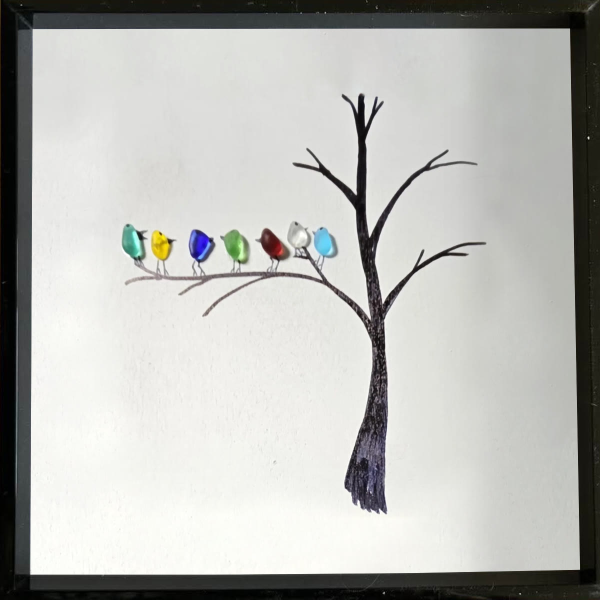 Birds Perched On A Branch Sea Glass Framed Art - image 9