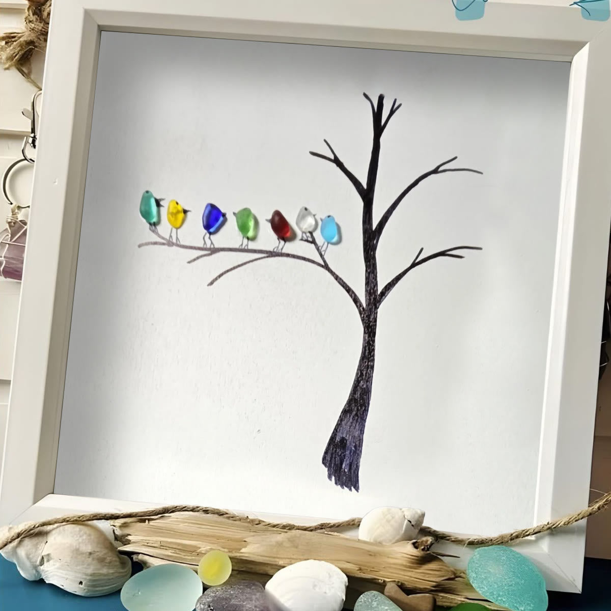 Birds Perched On A Branch Sea Glass Framed Art - image 4