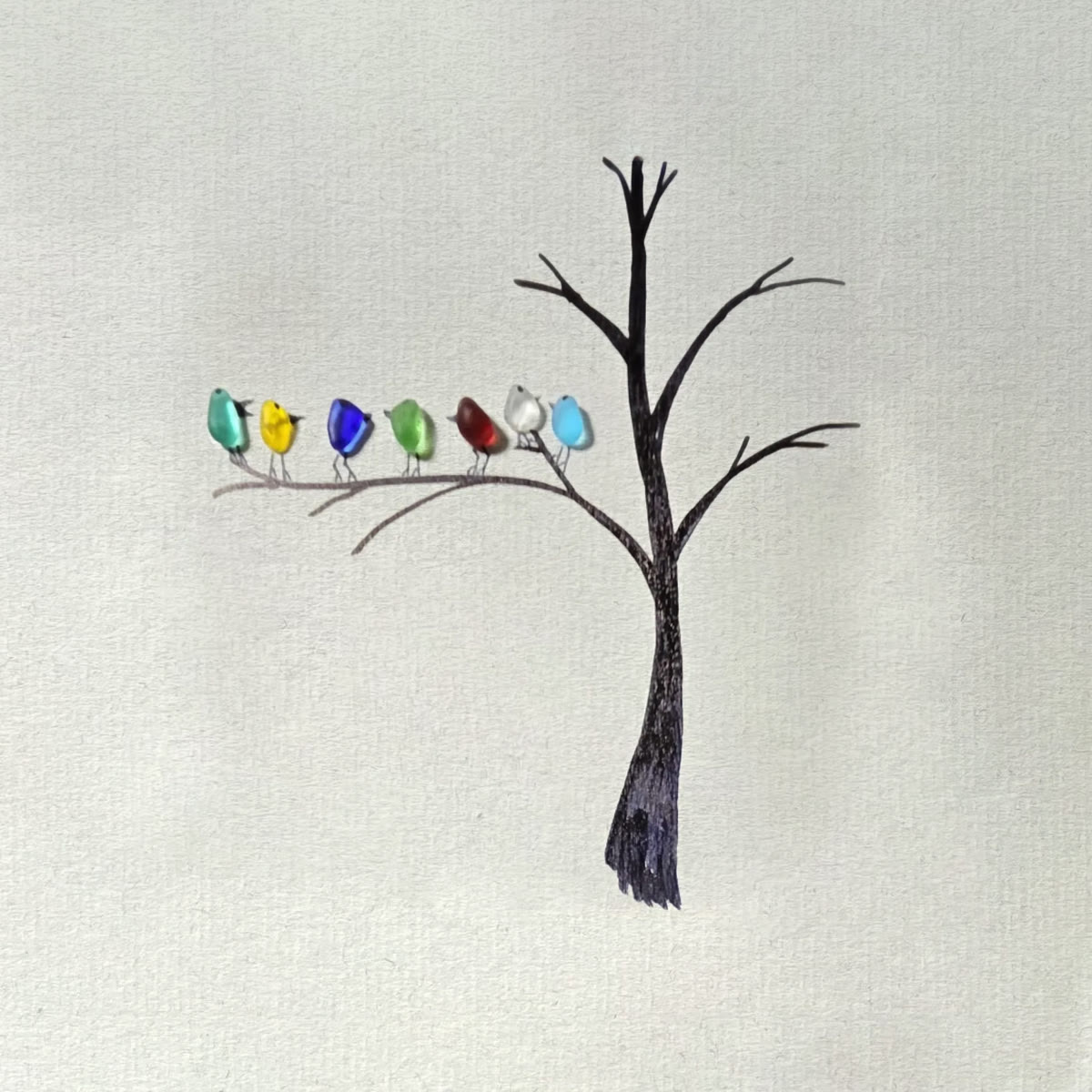 Birds Perched On A Branch Sea Glass Framed Art - image 2
