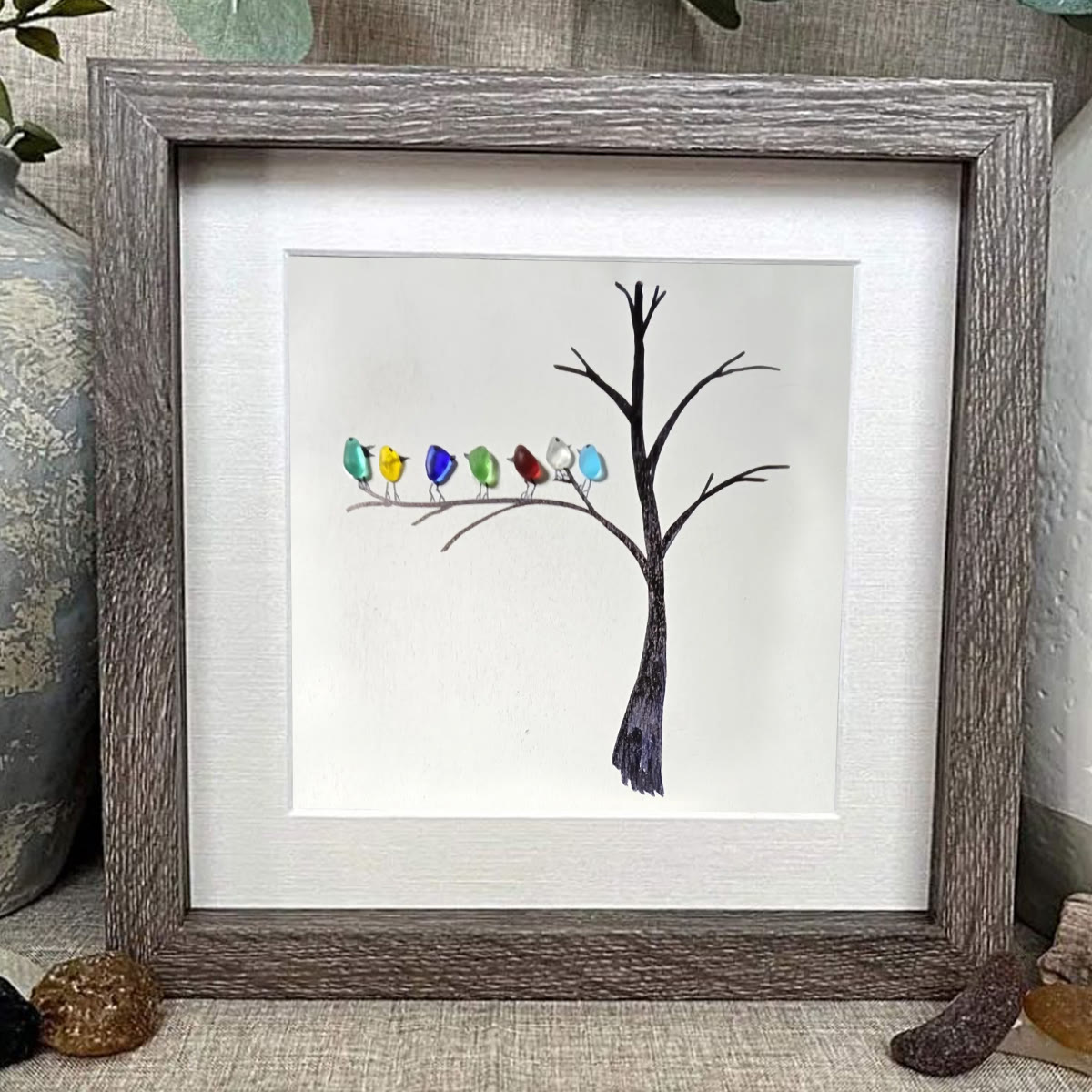 Birds Perched On A Branch Sea Glass Framed Art - image 3