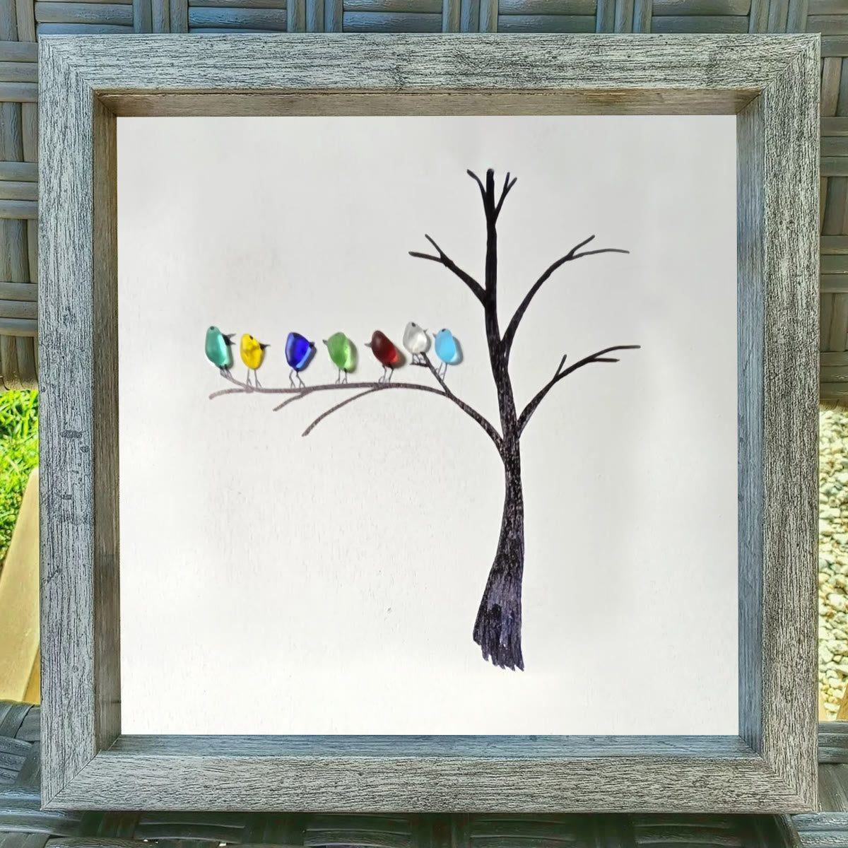 Birds Perched On A Branch Sea Glass Framed Art - image 0