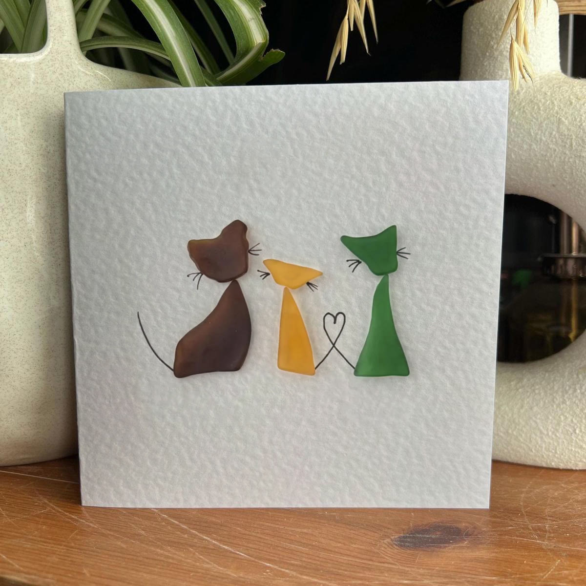 Three Cute Cats Special Companions Sea Glass Framed Art - Seaglass Card - 8" X 8" - image 1