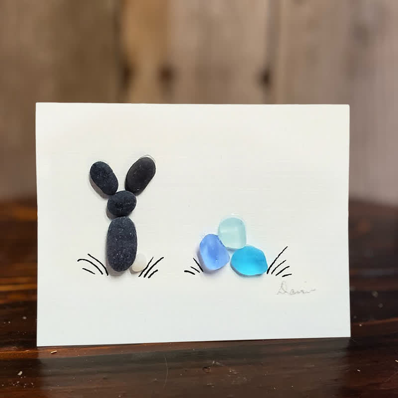 Coastal Spring Bunny & Eggs Sea Glass Framed Art - Seaglass Card - 6" X 8" - image 1