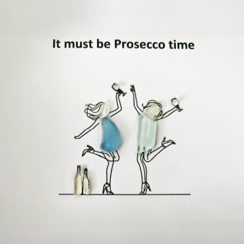 It Must Be Prosecco Time Sea Glass Framed Art - Seaglass Card - 8" X 6" - image 1