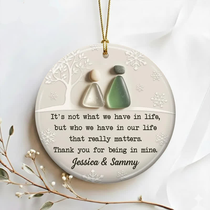 Winter Couple Custom Name Sea Glass Hanging Ornament - image 1