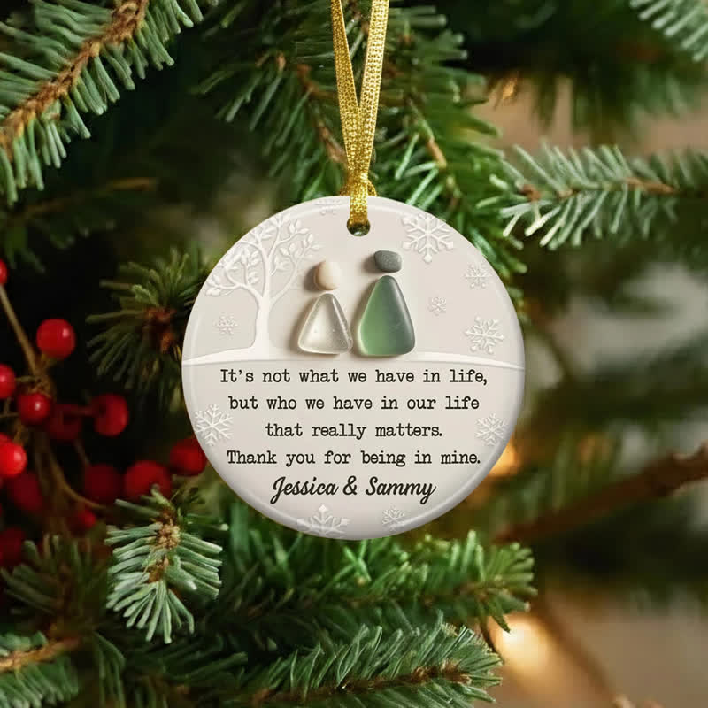 Winter Couple Custom Name Sea Glass Hanging Ornament - image 4