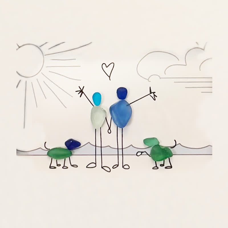 Beach Couple & Loyal Dogs Sea Glass Framed Art - image 2