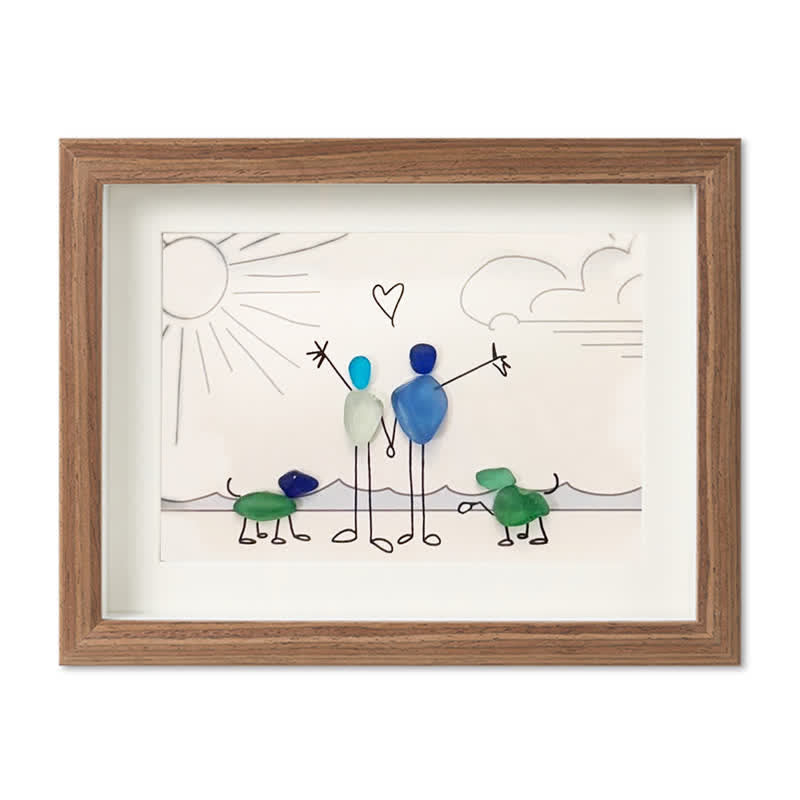Beach Couple & Loyal Dogs Sea Glass Framed Art - Walnut Brown - 6" X 8" - image 13