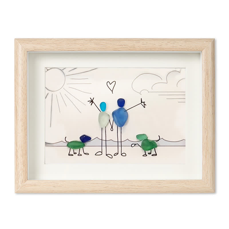 Beach Couple & Loyal Dogs Sea Glass Framed Art - Oak - 6" X 8" - image 12