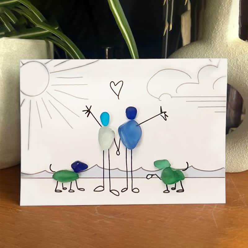 Beach Couple & Loyal Dogs Sea Glass Framed Art - Seaglass Card - 6" X 8" - image 1