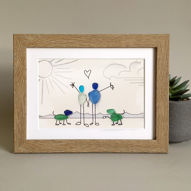 Beach Couple & Loyal Dogs Sea Glass Framed Art - image 0
