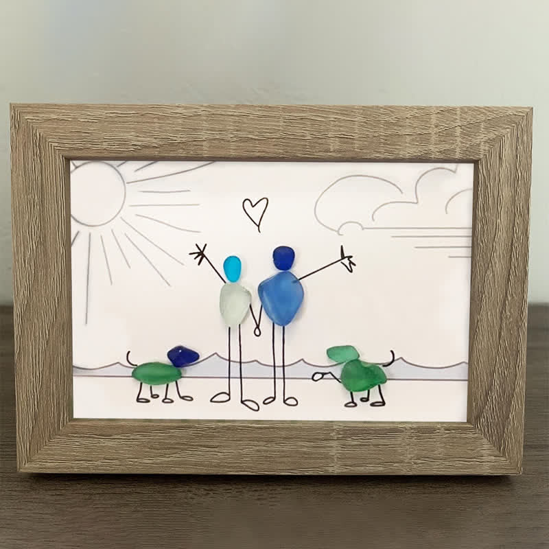 Beach Couple & Loyal Dogs Sea Glass Framed Art - image 3