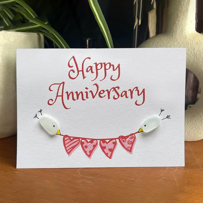 Birds & Heart Bunting Happy Anniversary Sea Glass Framed Art - Seaglass Card - 6" X 8" - image 1