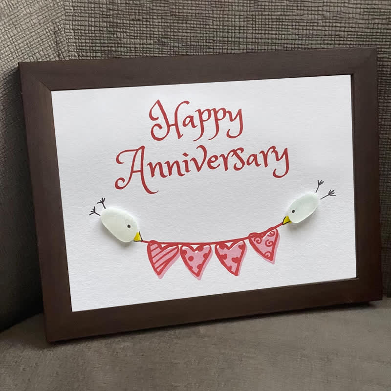 Birds & Heart Bunting Happy Anniversary Sea Glass Framed Art - image 0