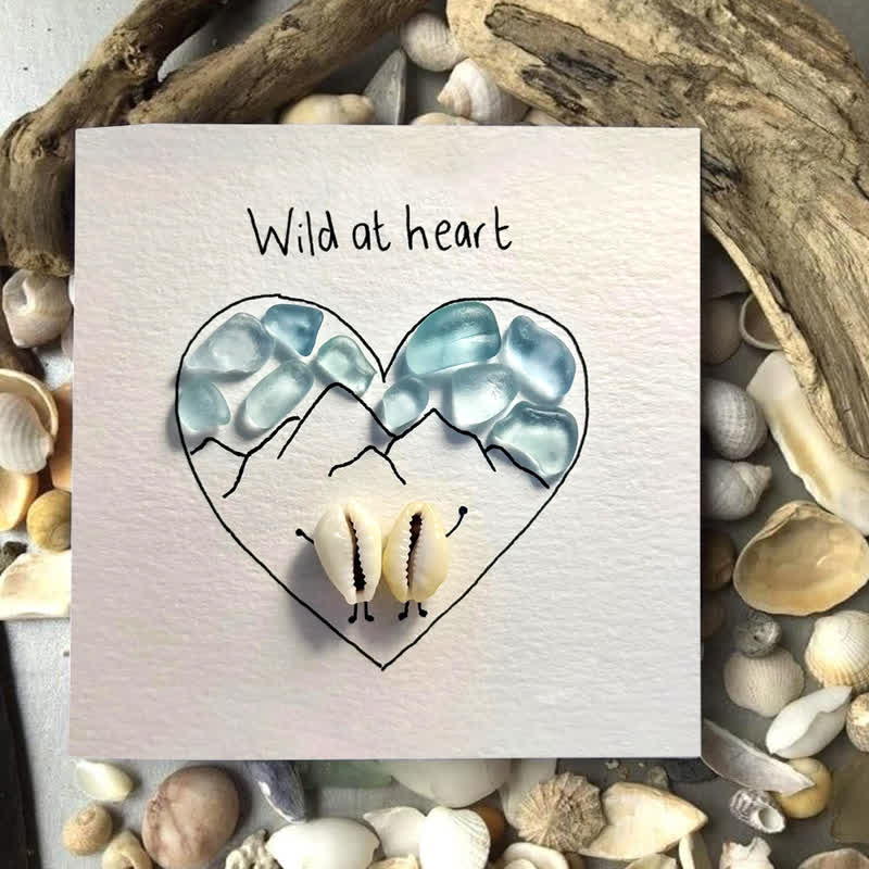 "Wild at Heart" Mountains & Shell Couple Sea Glass Framed Art - Seaglass Card - 8" X 8" - image 1