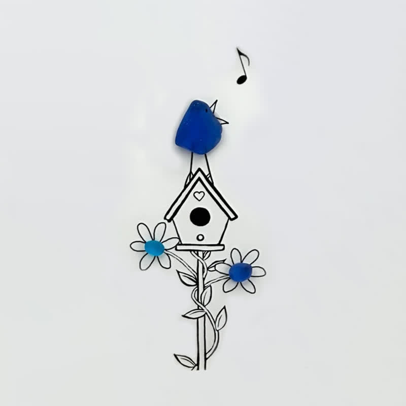 Singing Blue Bird & Joyful Birdhouse Sea Glass Framed Art - image 2
