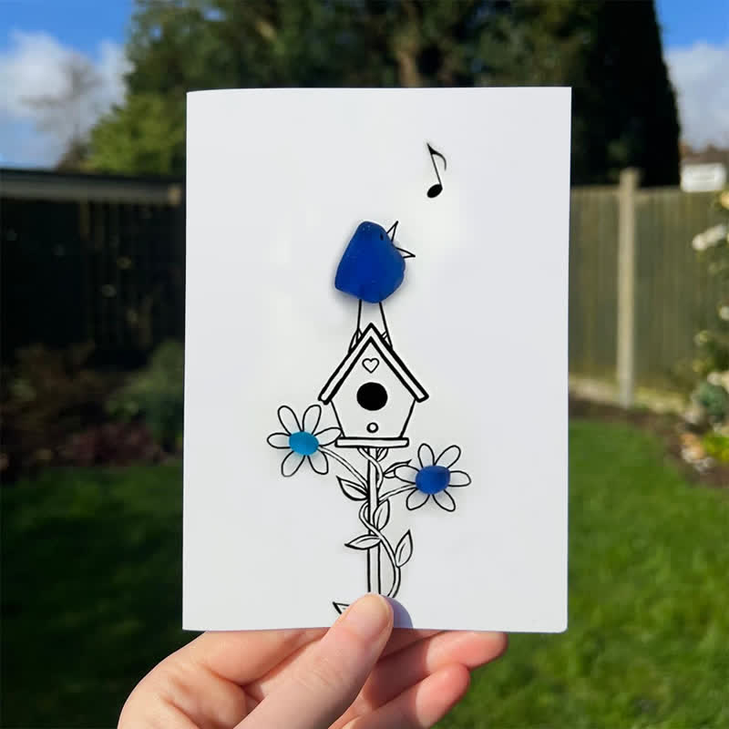 Singing Blue Bird & Joyful Birdhouse Sea Glass Framed Art - Seaglass Card - 8" X 6" - image 1