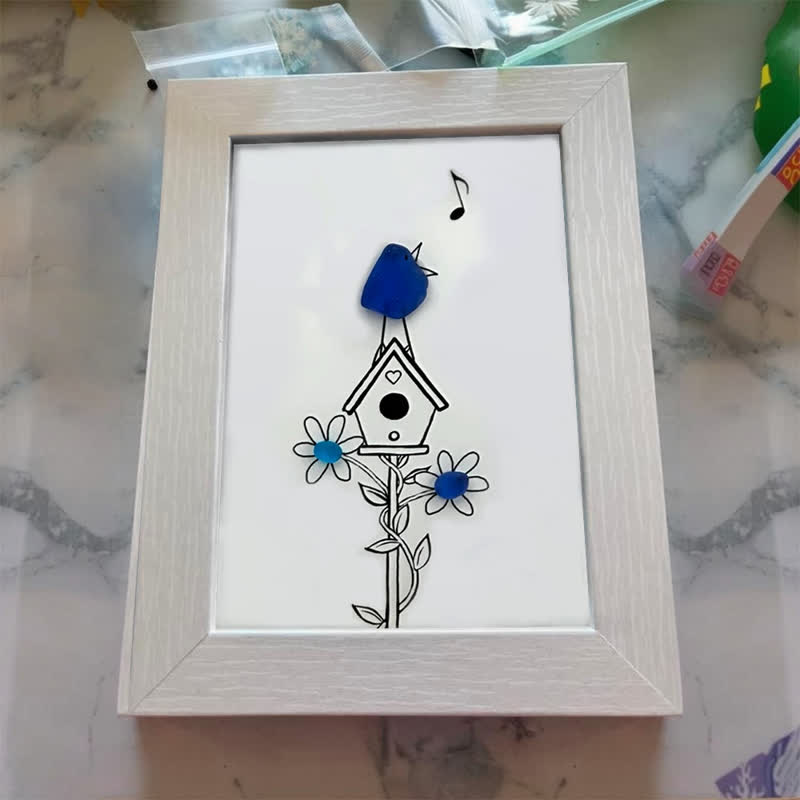Singing Blue Bird & Joyful Birdhouse Sea Glass Framed Art - image 3