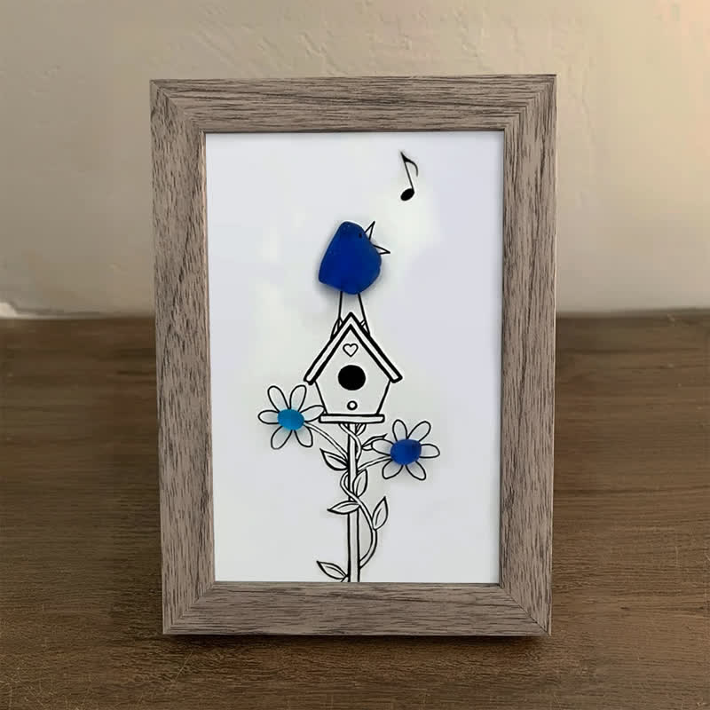 Singing Blue Bird & Joyful Birdhouse Sea Glass Framed Art - image 4