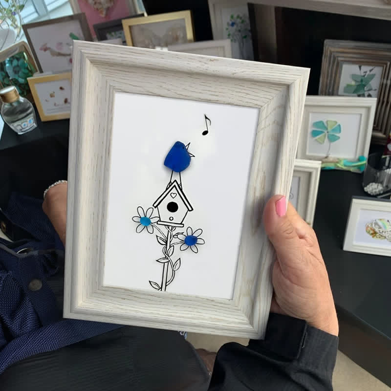 Singing Blue Bird & Joyful Birdhouse Sea Glass Framed Art - image 0
