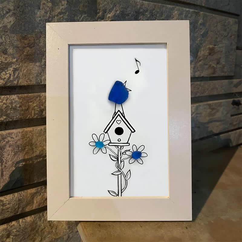 Singing Blue Bird & Joyful Birdhouse Sea Glass Framed Art - image 8