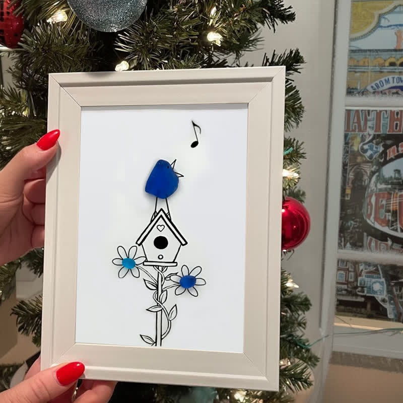 Singing Blue Bird & Joyful Birdhouse Sea Glass Framed Art - image 7
