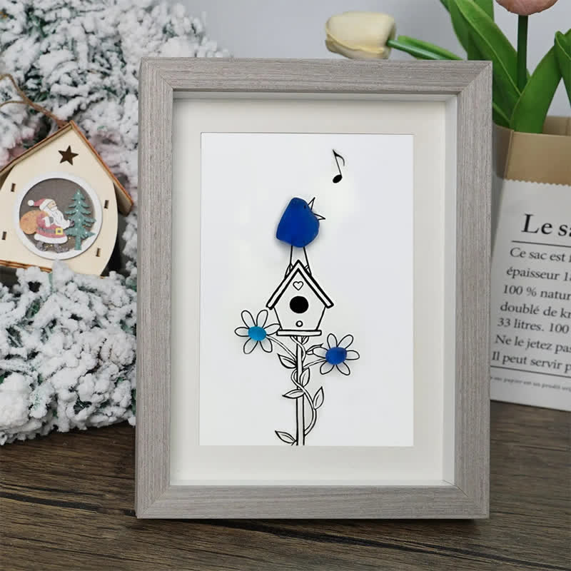 Singing Blue Bird & Joyful Birdhouse Sea Glass Framed Art - image 5