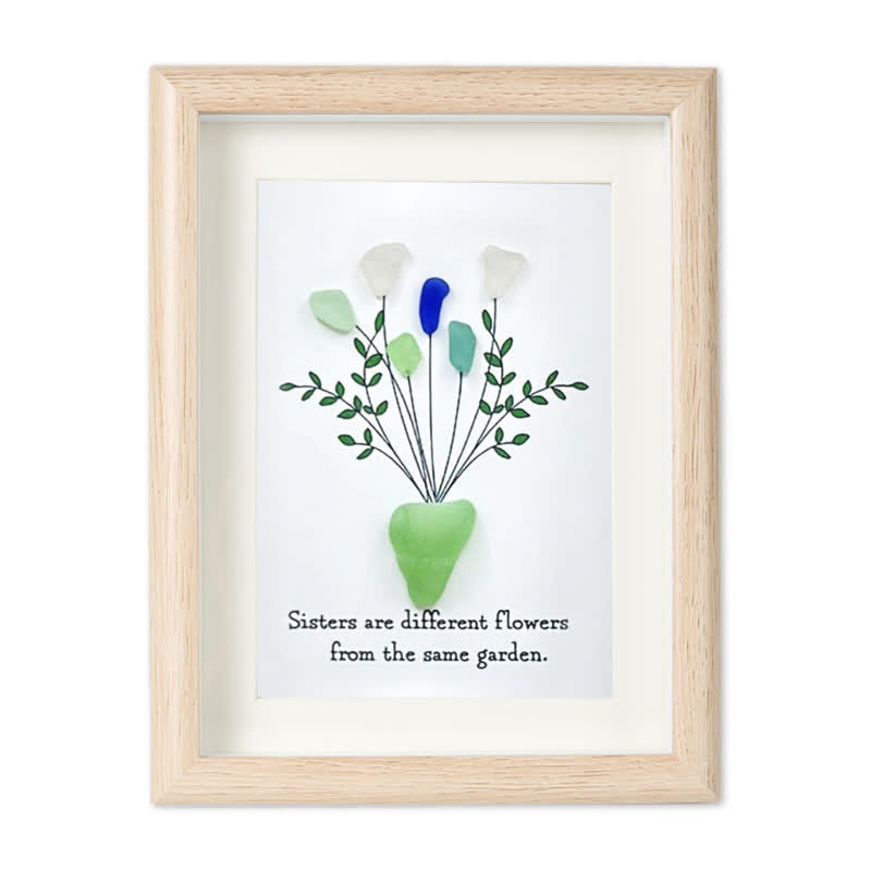 Flowers Bouquet Sisterhood Sea Glass Framed Art - Oak - 8" X 6" - image 9