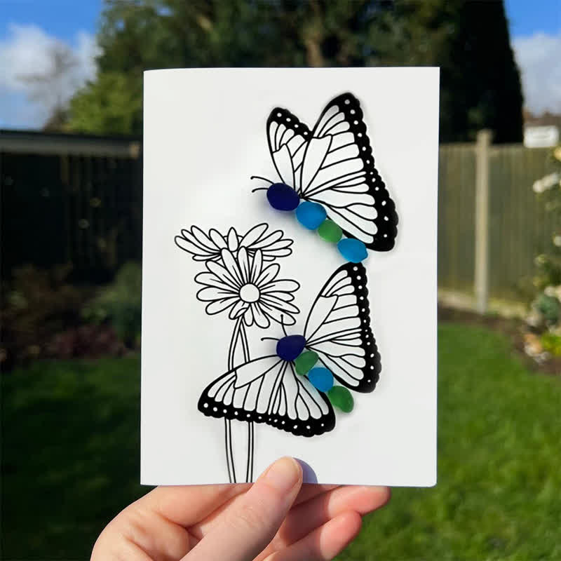 Butterflies & Daisies Garden Sea Glass Framed Art - Seaglass Card - 8" X 6" - image 1