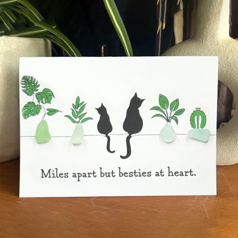 Long-Distance Bestie Cat & Plant Sea Glass Framed Art - Seaglass Card - 6" X 8" - image 1