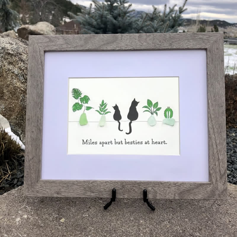 Long-Distance Bestie Cat & Plant Sea Glass Framed Art - image 0