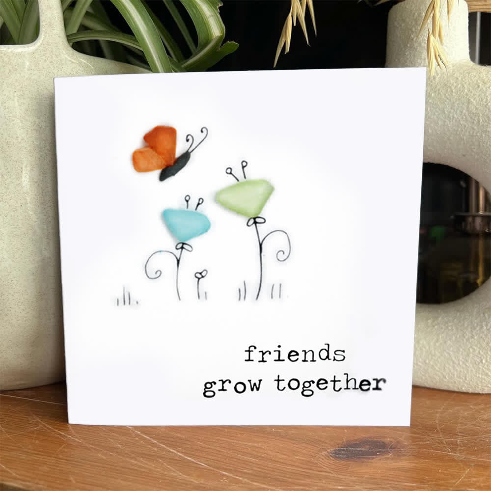 Friends Grow Together Butterfly & Flowers Sea Glass Framed Art - Seaglass Card - 8" X 8" - image 1