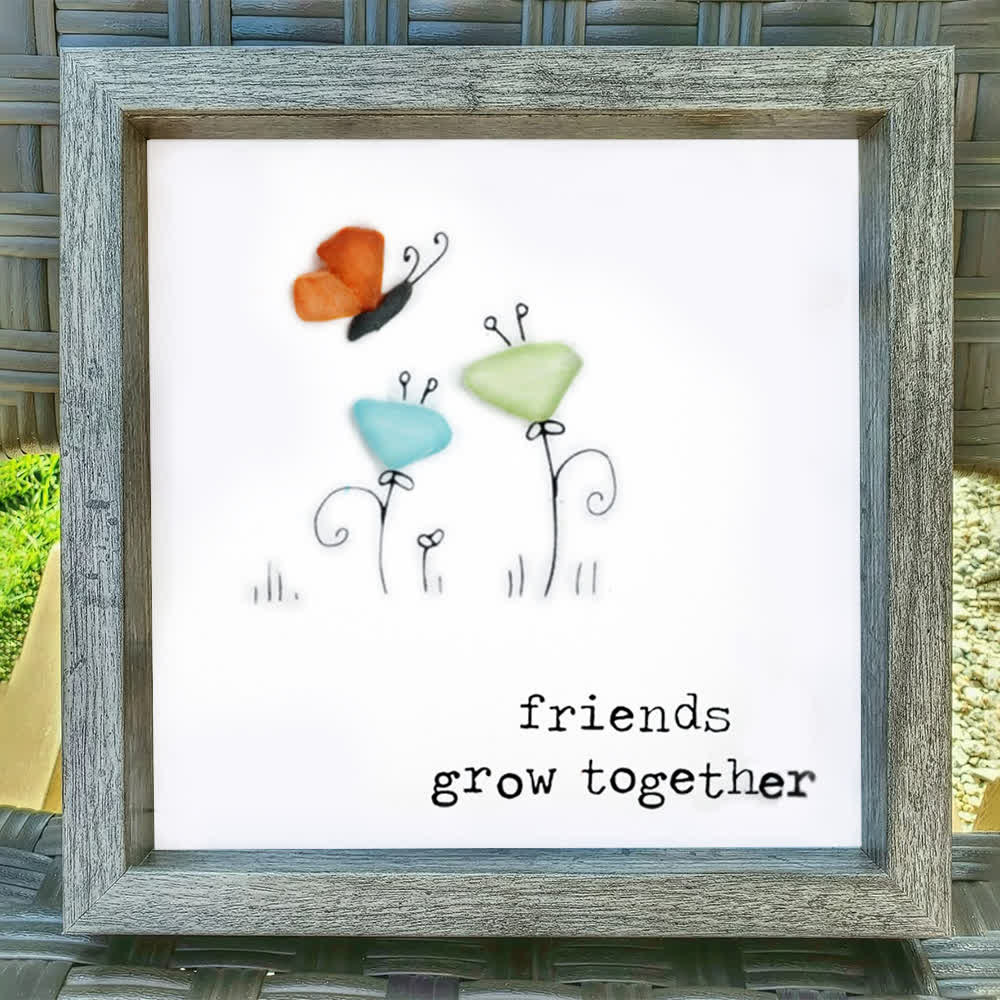 Friends Grow Together Butterfly & Flowers Sea Glass Framed Art - image 0