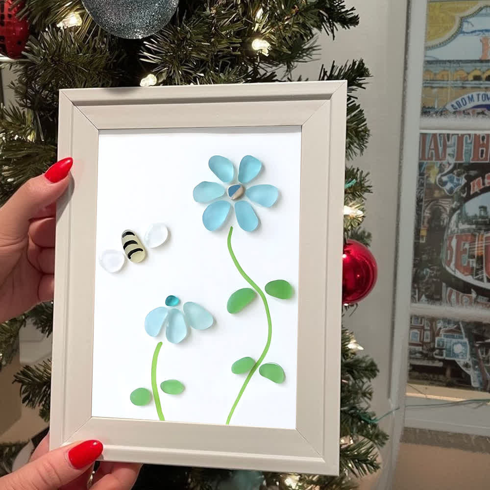 Coastal Joy Flower & Bee Sea Glass Framed Art - image 0