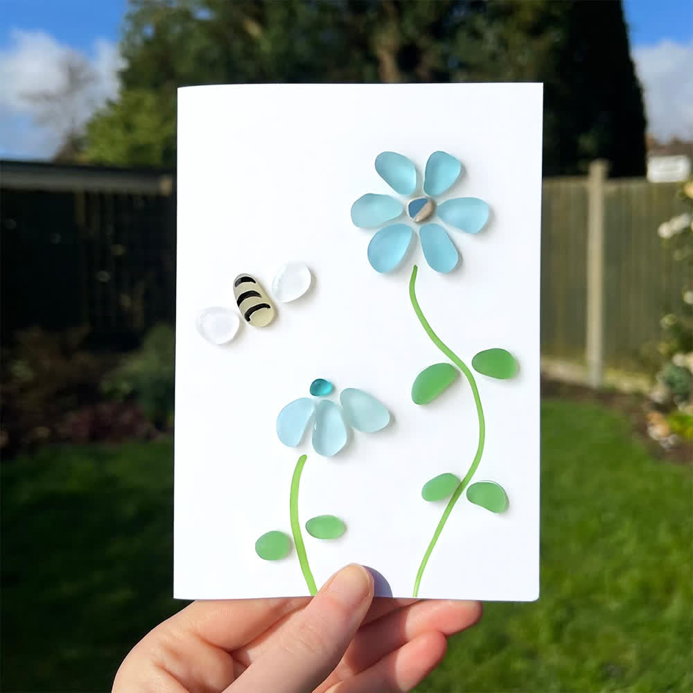 Coastal Joy Flower & Bee Sea Glass Framed Art - Seaglass Card - 8" X 6" - image 1