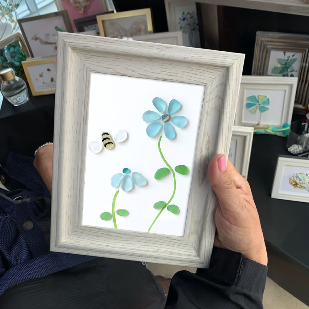 Coastal Joy Flower & Bee Sea Glass Framed Art - image 4