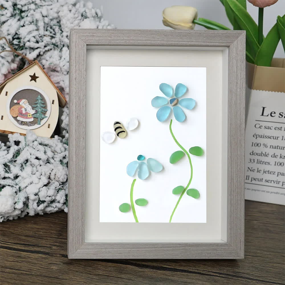Coastal Joy Flower & Bee Sea Glass Framed Art - image 5