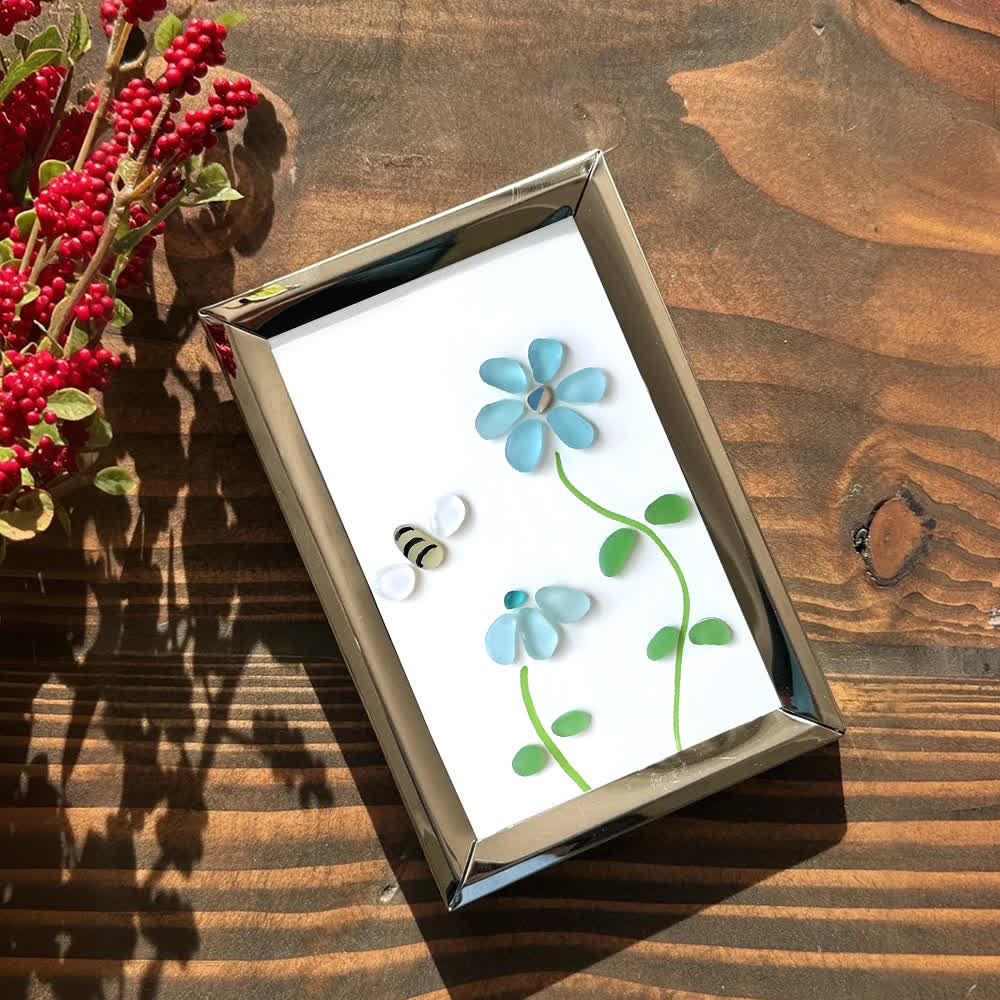 Coastal Joy Flower & Bee Sea Glass Framed Art - image 6
