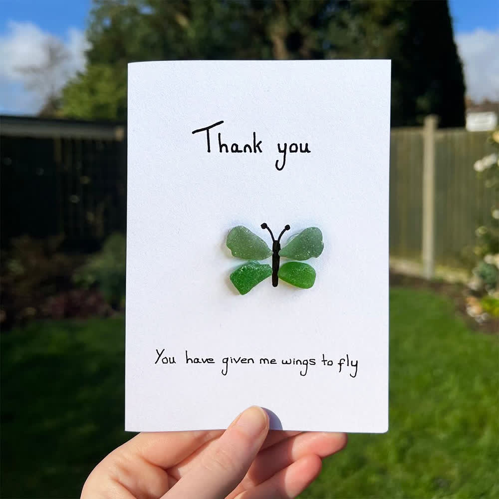 Green Butterfly Thank You Quote Sea Glass Framed Art - Seaglass Card - 8" X 6" - image 1