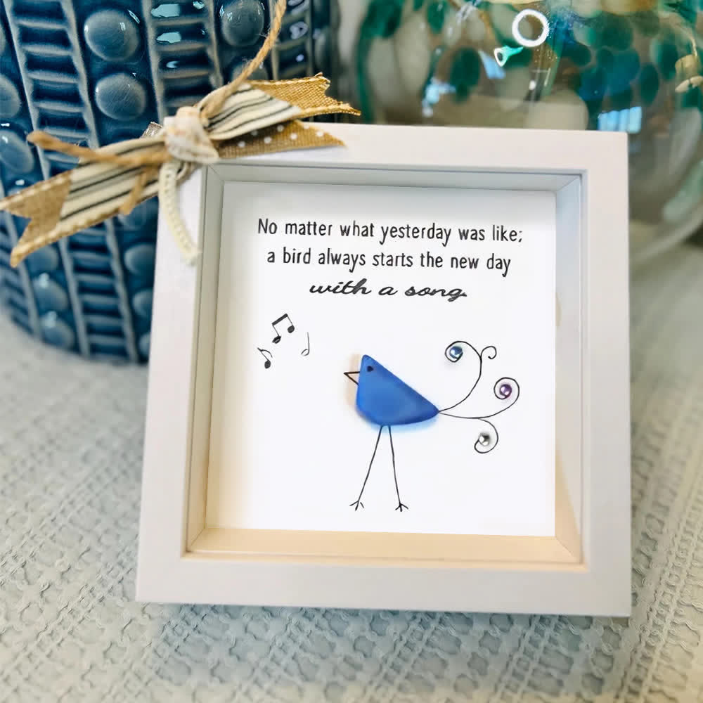 Cheerful Bright Blue Songbird Sea Glass Framed Art - image 4