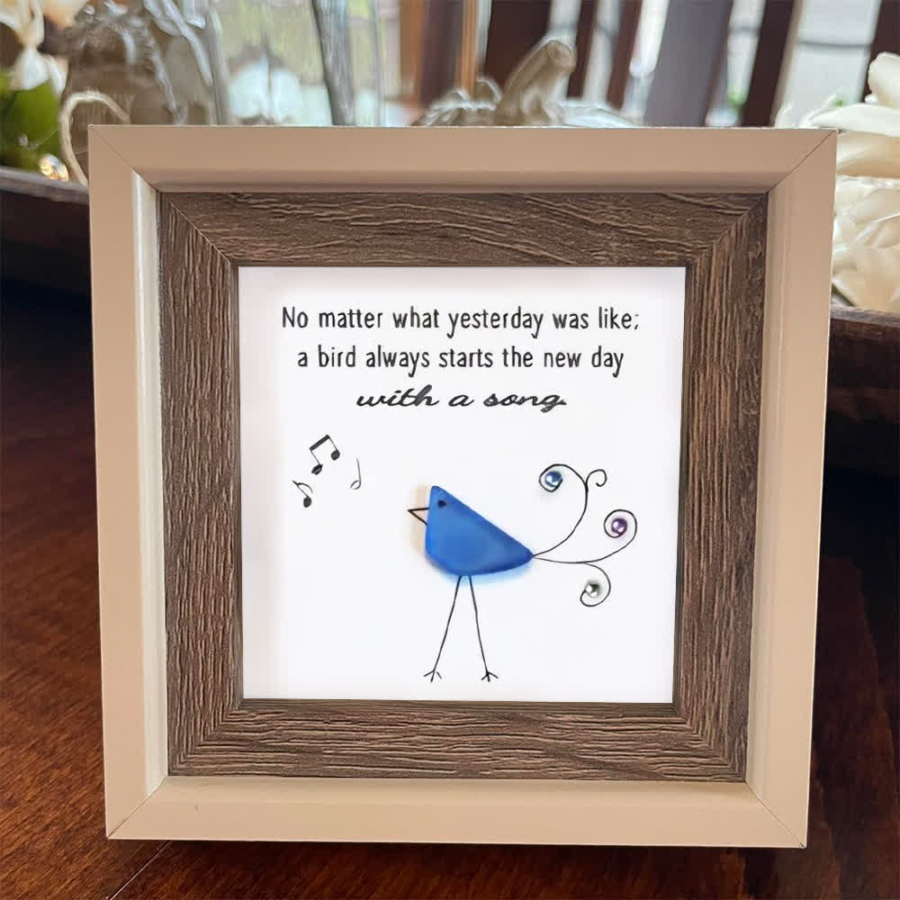 Cheerful Bright Blue Songbird Sea Glass Framed Art - image 3