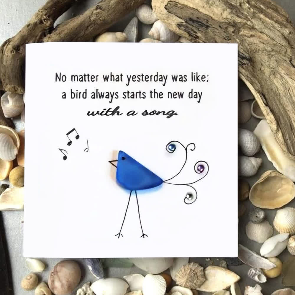 Cheerful Bright Blue Songbird Sea Glass Framed Art - Seaglass Card - 8" X 8" - image 1